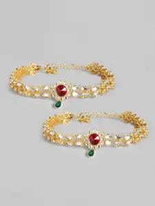 I Jewels Set of 2 Gold Plated Kundan Studded & Beaded Anklets