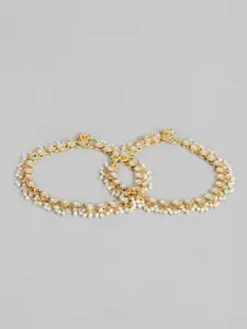 I Jewels Set of 2 Gold Plated Pearl Studded & Beaded Anklets