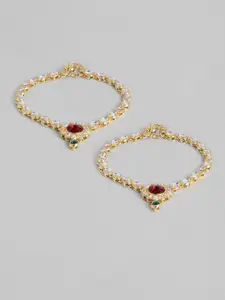 I Jewels Set of 2 Gold-Plated Maroon Kundan Studded & Beaded Anklets