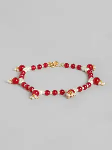 I Jewels Gold-Plated Maroon Beaded Anklets
