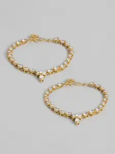 I Jewels Set of 2 Gold-Plated White Kundan-Studded & Beaded Anklets