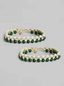 I Jewels Set of 2 Gold-Plated Green & White Pearl-Studded & Beaded Anklets