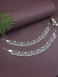 I Jewels Set of 2 Rhodium Plated Kundan Studded Ghungroo Anklets