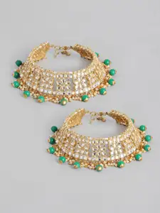 I Jewels Set of 2 Gold-Plated Green Kundan-Studded & Beaded Anklets