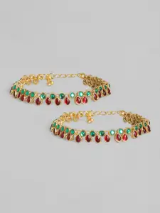 I Jewels Set of 2 Gold-Plated Marron & Green Kundan-Studded & Beaded Anklets