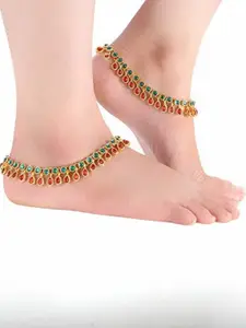 I Jewels Set of 2 Gold-Plated Marron & Green Kundan-Studded & Beaded Anklets