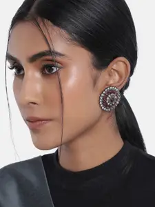 I Jewels Maroon Oxidised Enamelled Kundan Studded Circular Studs