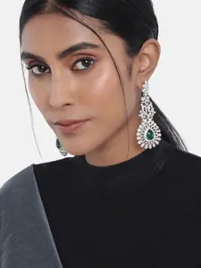 I Jewels Green Rhodium Plated Stone Studded Teardrop Shaped Drop Earrings