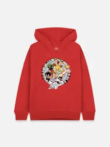Kids Ville Girls Red Looney Tunes Printed Hooded Sweatshirt