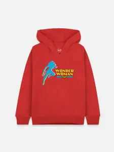Kids Ville Girls Red Wonder Women Printed Hooded Sweatshirt