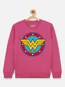 Kids Ville Girls Pink Wonder Woman Printed Cotton Sweatshirt