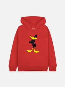 Kids Ville Girls Red & Black Looney Tunes Printed Hooded Sweatshirt