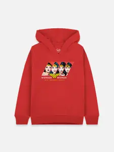 Kids Ville Girls Red Wonder Woman Printed Hooded Sweatshirt
