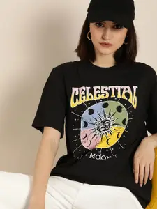 DILLINGER Women Black Printed Loose Pure Cotton T-shirt