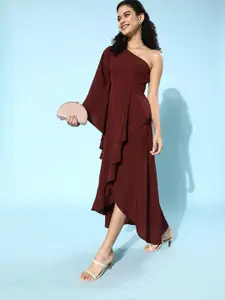 Berrylush Women Charming Maroon Solid Flounced Dress