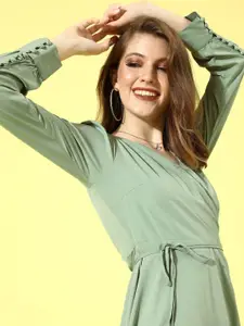 Berrylush Women Pastel Green Solid Bishop Sleeves Dress