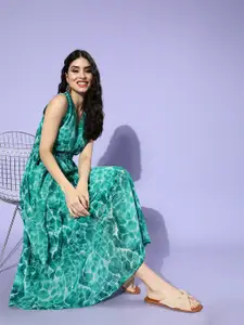 plusS Women Gorgeous Green Floral Cinched Waist Dress