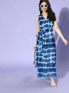 plusS Women Blue Floral Tie and Dye Dress