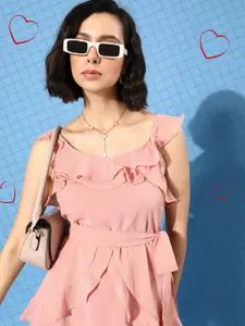 plusS Women Attractive Peach Solid Ruffled Dress