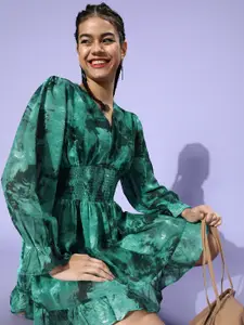 plusS Women Green Abstract Cinched Waist Dress