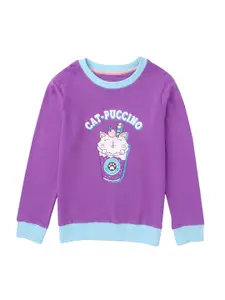 Cub McPaws Girls Purple & Blue Printed Round Neck Cotton Sweatshirt