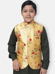 NAMASKAR Boys Yellow & Red Printed Pure Silk Woven Nehru Jacket
