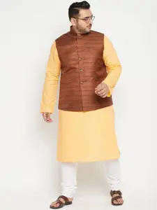 VASTRAMAY PLUS Men Yellow & BrownWoven Designed Straight Kurta with Churidar & Jacket