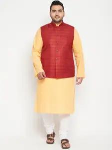 VASTRAMAY PLUS Men Yellow & Maroon Woven Designed Straight Kurta with Churidar & Jacket