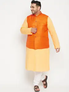 VASTRAMAY PLUS Men Yellow & Orange Woven Designed Straight Kurta with Churidar & Jacket