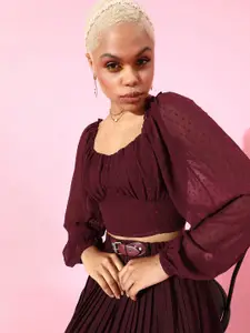 Berrylush Women Charming Maroon Solid Georgette Bishop Sleeves Top