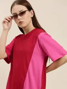 Difference of Opinion Women Red  Pink Colourblocked Pure Cotton Loose Pure Cotton T-shirt