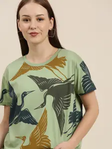 Difference of Opinion Women Green Printed Pure Cotton Boxy Pure Cotton T-shirt
