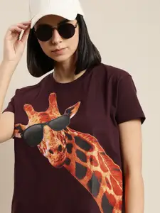Difference of Opinion Women Maroon & Orange Pure Cotton Graphic Printed Boxy T-shirt