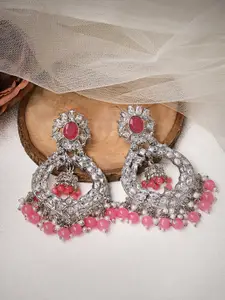 Rubans Silver-Toned & Coral Alloy Silver Plated Handcrafted Crescent Shaped Chandbalis