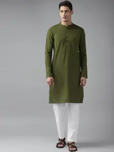 See Designs Men Olive Thread Work Straight Cotton Kurta