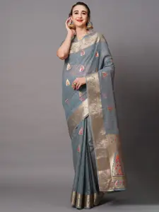 Mitera Grey & Gold-Toned Woven Design Silk Blend Banarasi Saree