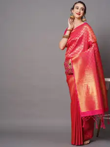 Mitera Pink & Gold-Toned Woven Design Silk Blend Banarasi Saree
