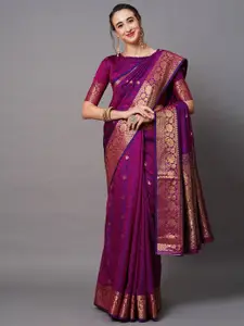 Mitera Magenta & Purple Woven Design Silk Blend Banarasi Saree