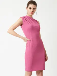 Miss Chase Pink Asymmetric Shoulder Pleated Sheath Dress