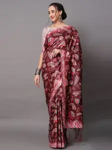 Mitera Maroon Silk Blend Floral Printed Saree