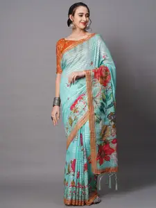 Mitera Blue & Orange Linen Blend Floral Printed Saree