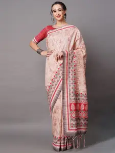 Mitera Peach-Coloured & Red Art Silk Geometric Printed Saree