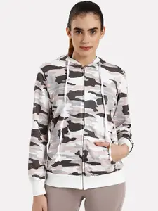 iki chic Women Pink & Grey Camouflage Printed Hooded Sweatshirt