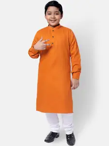 NAMASKAR Boys Orange & White Solid Regular Pure Cotton Kurta with Pyjamas