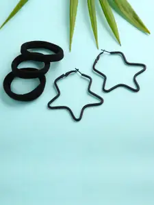justpeachy Women Black Star Shaped Handcrafted Hoop Earrings With Pony Tail Holders