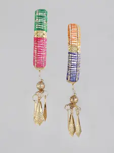 Anouk Set of 2 Multicoloured Gold-Plated Stone-Studded & Beaded Bangles with Latkan