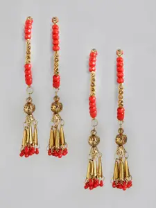 Anouk Set of 4 Gold-Toned & Red Stoned Studded & Beaded Bangles with Danglers
