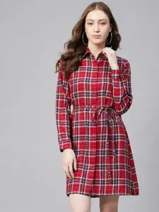 StyleStone Red & Blue Checked Cotton Shirt Dress