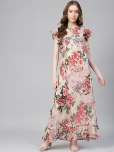 StyleStone Beige & Red Floral Chiffon Maxi Dress