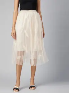 StyleStone Women Beige Self Design Knee Length Flared Lace Skirt